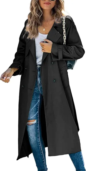 Women's Double Breasted Long Trench Coat Classic Lapel Long Sleeve Casual Windproof Overcoat with Belt Streetwear
