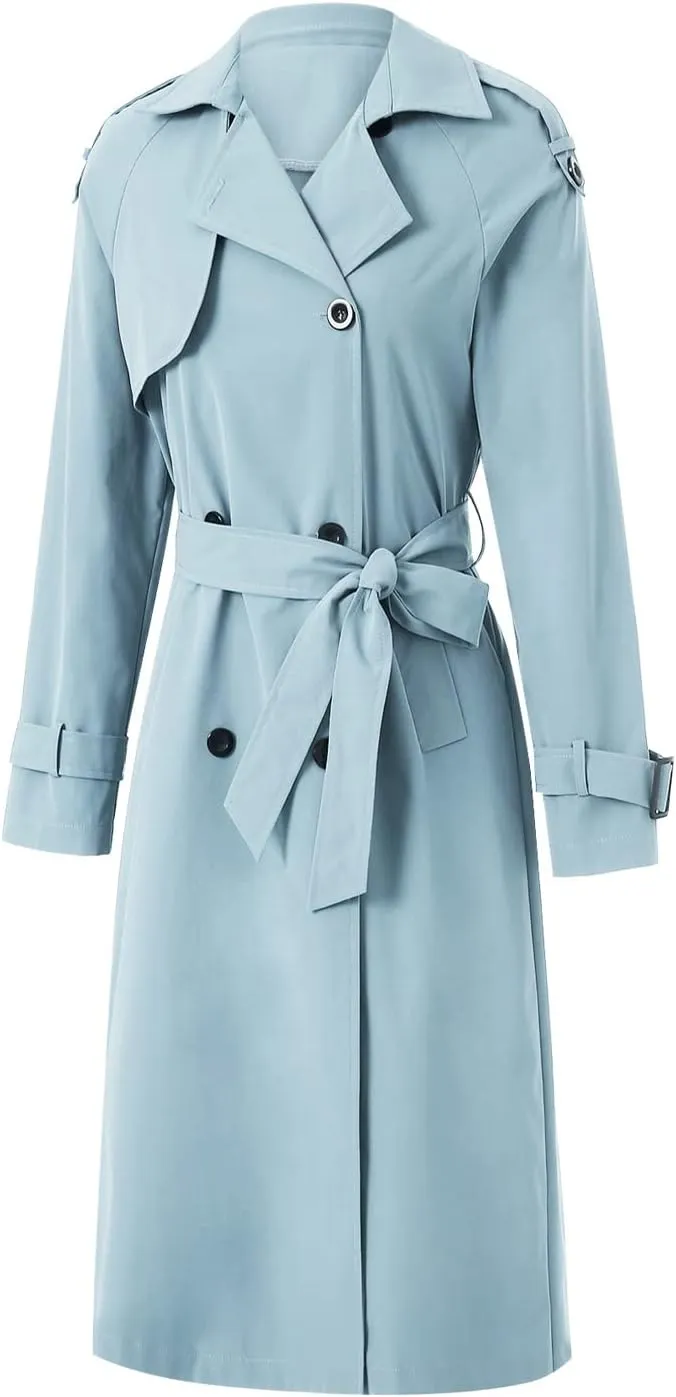 Women's Double Breasted Long Trench Coat Classic Lapel Long Sleeve Casual Windproof Overcoat with Belt Streetwear
