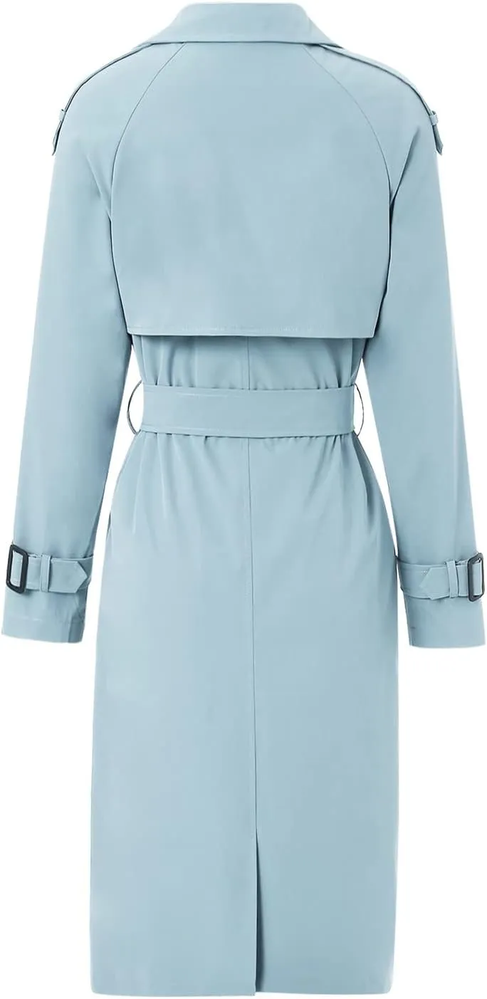 Women's Double Breasted Long Trench Coat Classic Lapel Long Sleeve Casual Windproof Overcoat with Belt Streetwear