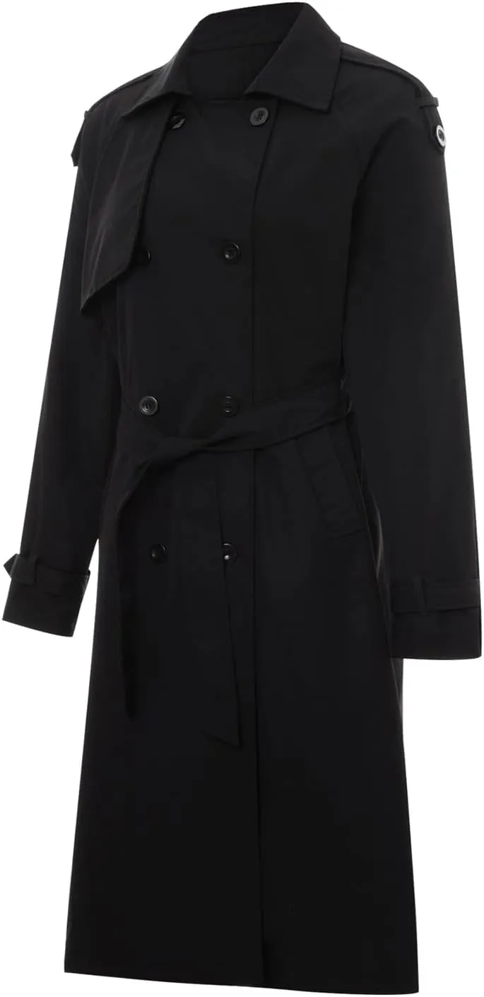 Women's Double Breasted Long Trench Coat Classic Lapel Long Sleeve Casual Windproof Overcoat with Belt Streetwear