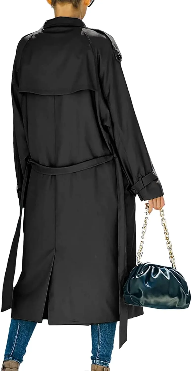Women's Double Breasted Long Trench Coat Classic Lapel Long Sleeve Casual Windproof Overcoat with Belt Streetwear