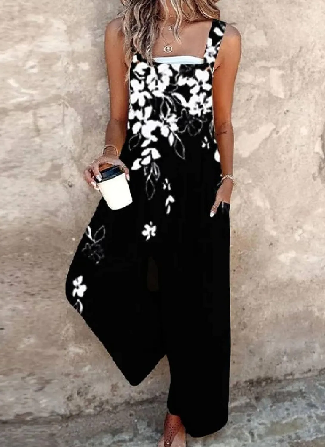 Women's Floral Print Overalls Jumpsuits One Piece Sleeveless Wide Leg Long Pants Rompers with Pockets 2025 Spring Wear