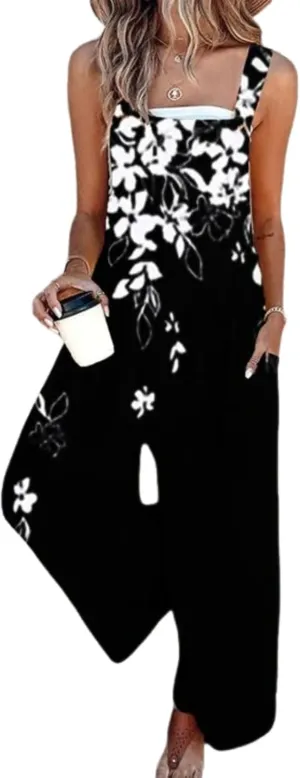 Women's Floral Print Overalls Jumpsuits One Piece Sleeveless Wide Leg Long Pants Rompers with Pockets 2025 Spring Wear