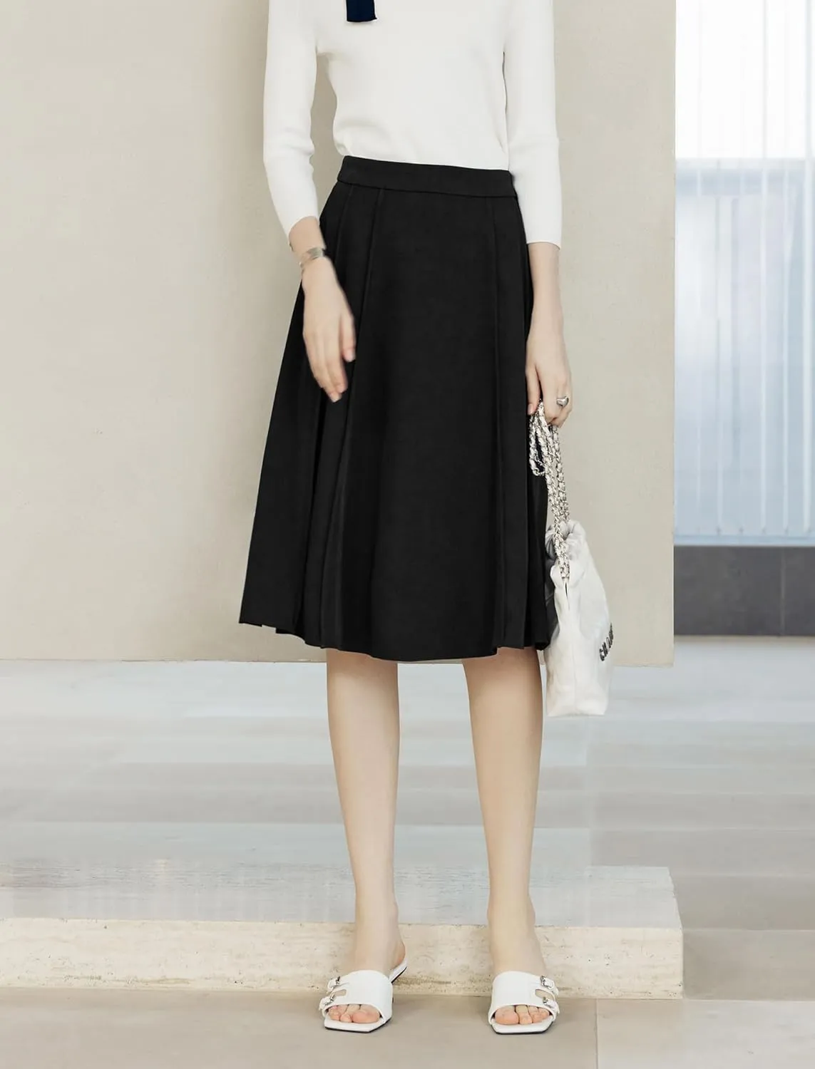 Women's High-Waisted A-Line Pleated Midi Skirt with Pockets