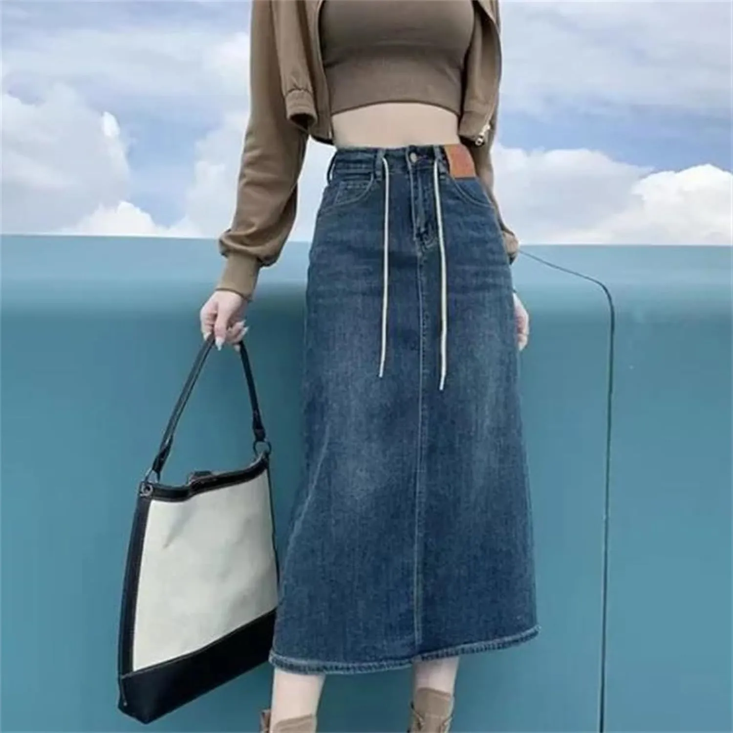 Women's High-Waisted Denim Skirt  Slimming Medium-Length A-Line Spring-Summer Half-Length Skirt