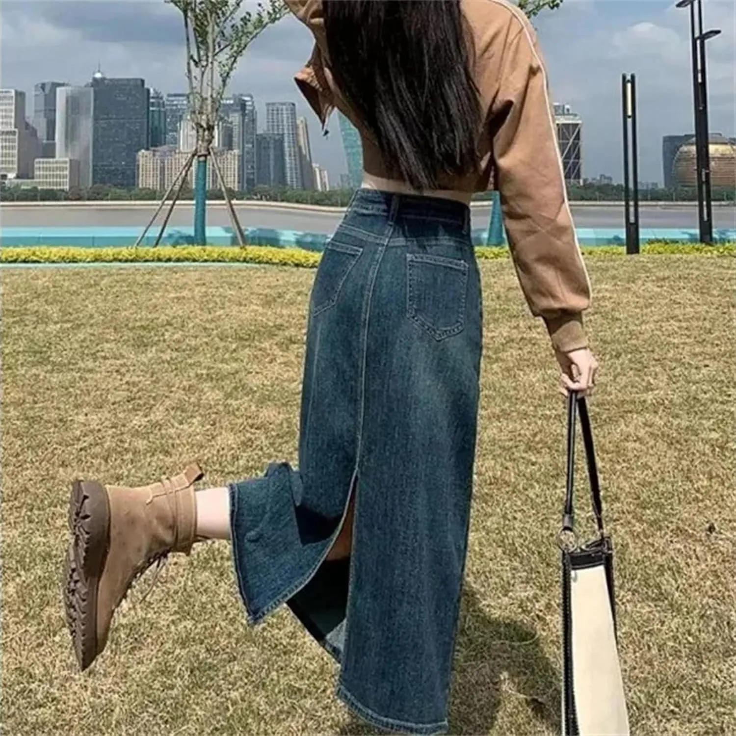Women's High-Waisted Denim Skirt  Slimming Medium-Length A-Line Spring-Summer Half-Length Skirt