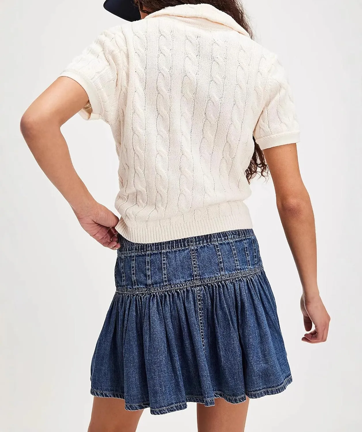 Women's High Waisted Pleated Denim Skirt Vintage A-Line Elastic Waist Mini Jean Skirt