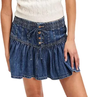 Women's High Waisted Pleated Denim Skirt Vintage A-Line Elastic Waist Mini Jean Skirt