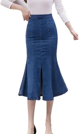 Women's High Waisted Sexy Fishtail Jean Skirts Stretchy Bodycon Casual Denim Skirt
