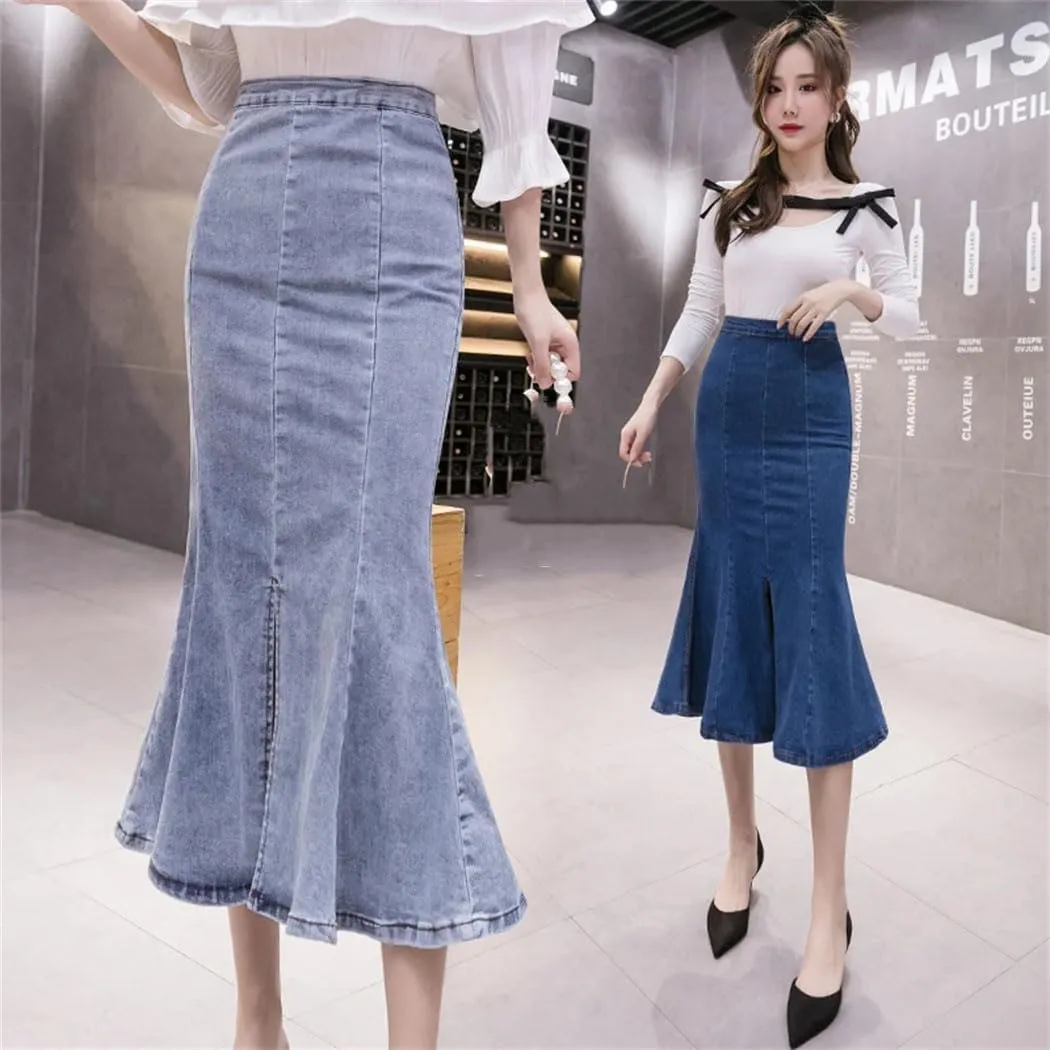 Women's High Waisted Sexy Fishtail Jean Skirts Stretchy Bodycon Casual Denim Skirt