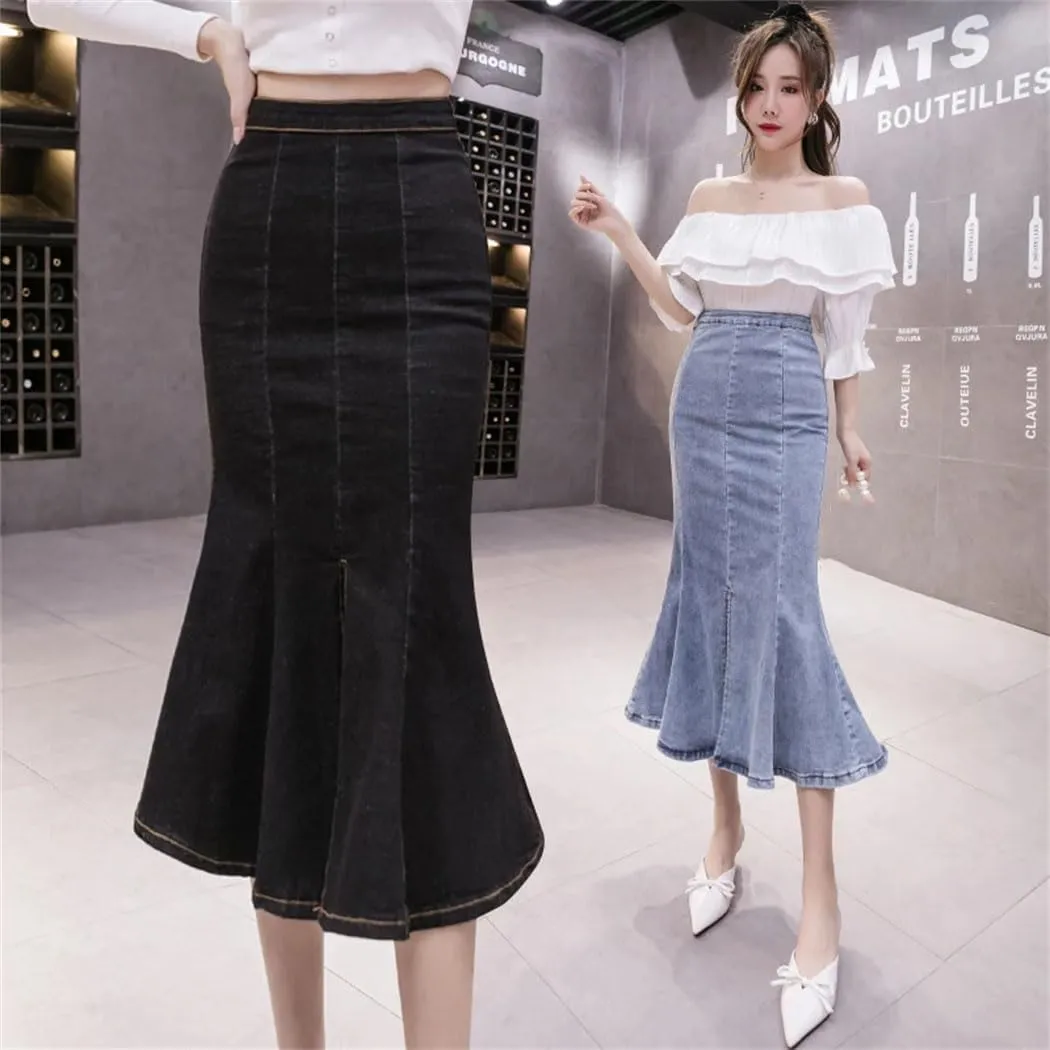 Women's High Waisted Sexy Fishtail Jean Skirts Stretchy Bodycon Casual Denim Skirt