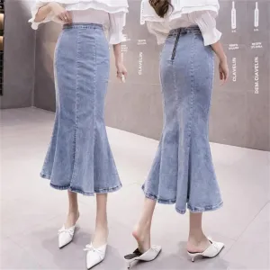 Women's High Waisted Sexy Fishtail Jean Skirts Stretchy Bodycon Casual Denim Skirt