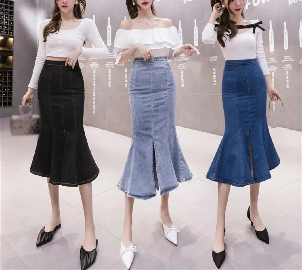 Women's High Waisted Sexy Fishtail Jean Skirts Stretchy Bodycon Casual Denim Skirt