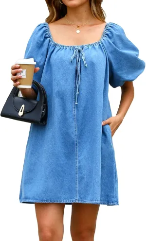 Womens Jean Dress Puff Sleeve Blue Plus Size Western Midi Denim Dress for Women 2025 Sexy Denim Romper