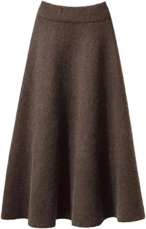 Women's Knitted Pleated Skirt Midi Elastic High Waist A-Line Sweater Winter Wool Long Mom Skirt
