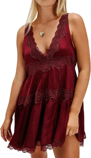 Womens Lace Slip Dress Drop Waist Layering Y2k Sleeveless Sexy Boho Flowy Swing Short Layered Mini Dress