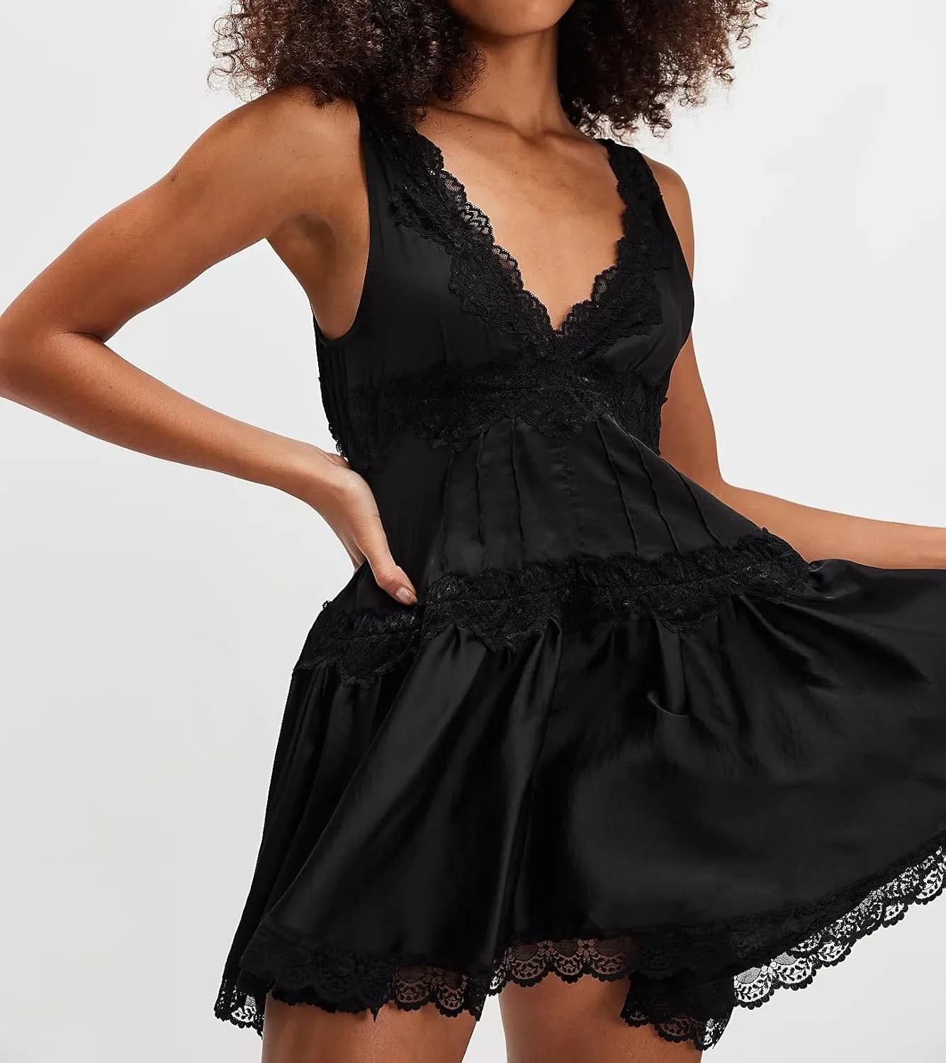 Womens Lace Slip Dress Drop Waist Layering Y2k Sleeveless Sexy Boho Flowy Swing Short Layered Mini Dress