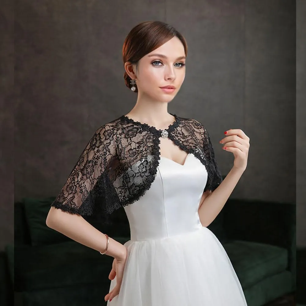 Women's Lace Wedding Shawl Cloak Bride's Formal Dress With Floral Button Neck