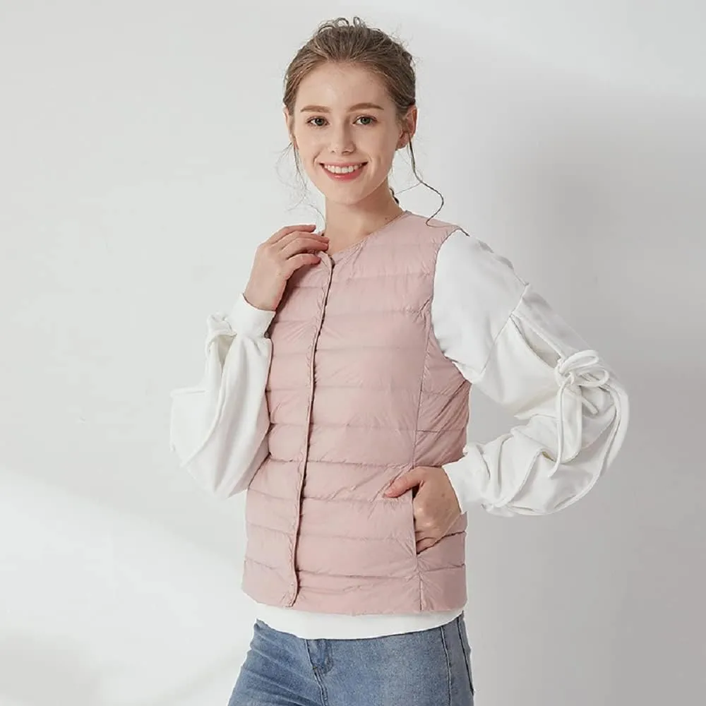 Women's Lightweight Down Vest Crewneck Button Down Packable Puffer Vest Ultra Light Slim Fit Sleeveless Waistcoat