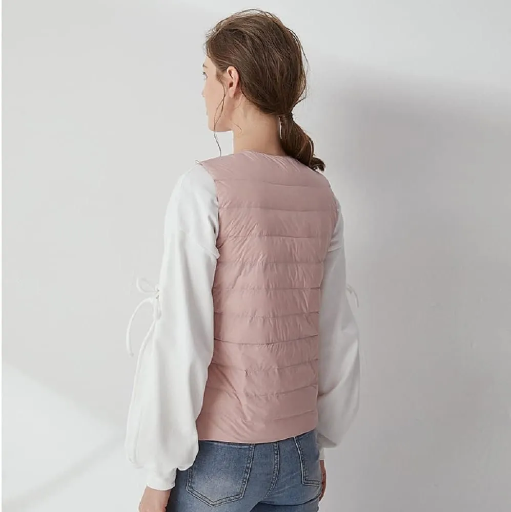 Women's Lightweight Down Vest Crewneck Button Down Packable Puffer Vest Ultra Light Slim Fit Sleeveless Waistcoat
