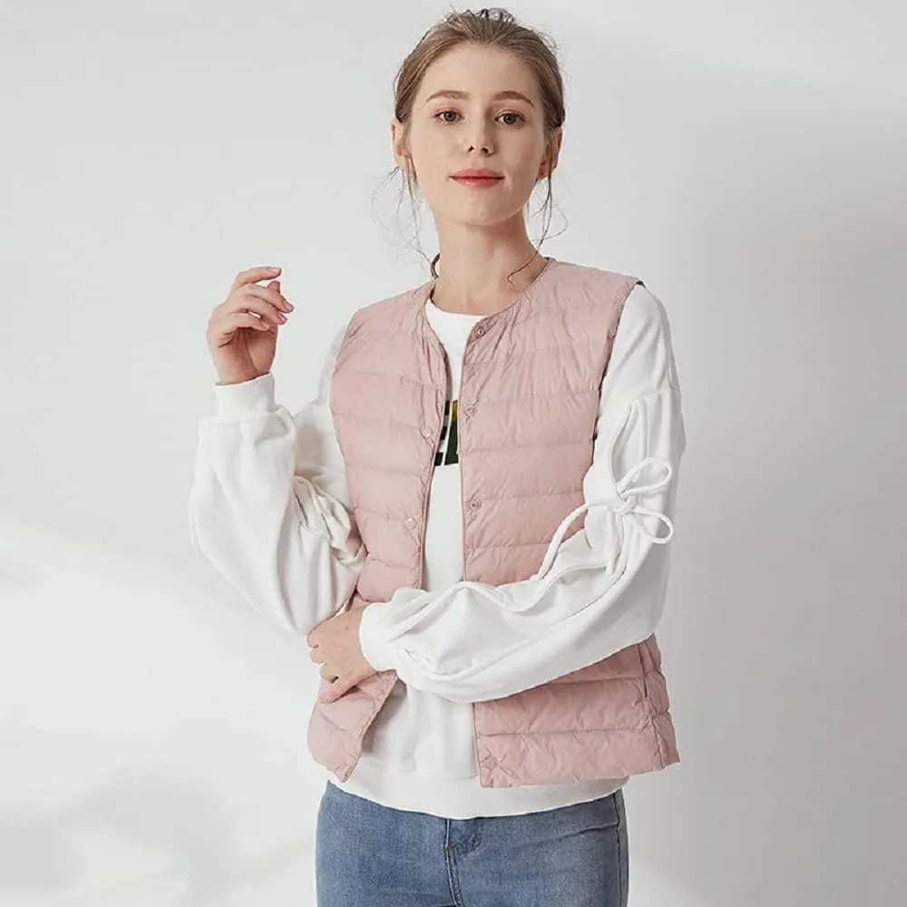 Women's Lightweight Down Vest Crewneck Button Down Packable Puffer Vest Ultra Light Slim Fit Sleeveless Waistcoat