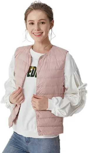 Women's Lightweight Down Vest Crewneck Button Down Packable Puffer Vest Ultra Light Slim Fit Sleeveless Waistcoat
