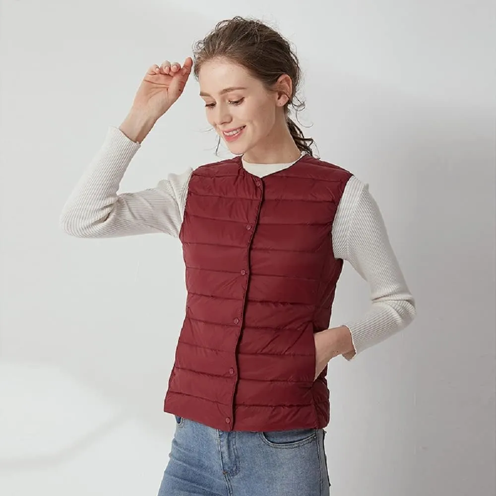 Women's Lightweight Down Vest Crewneck Button Down Packable Puffer Vest Ultra Light Slim Fit Sleeveless Waistcoat