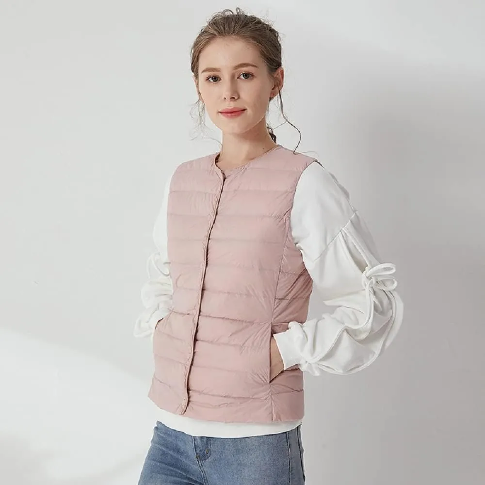 Women's Lightweight Down Vest Crewneck Button Down Packable Puffer Vest Ultra Light Slim Fit Sleeveless Waistcoat