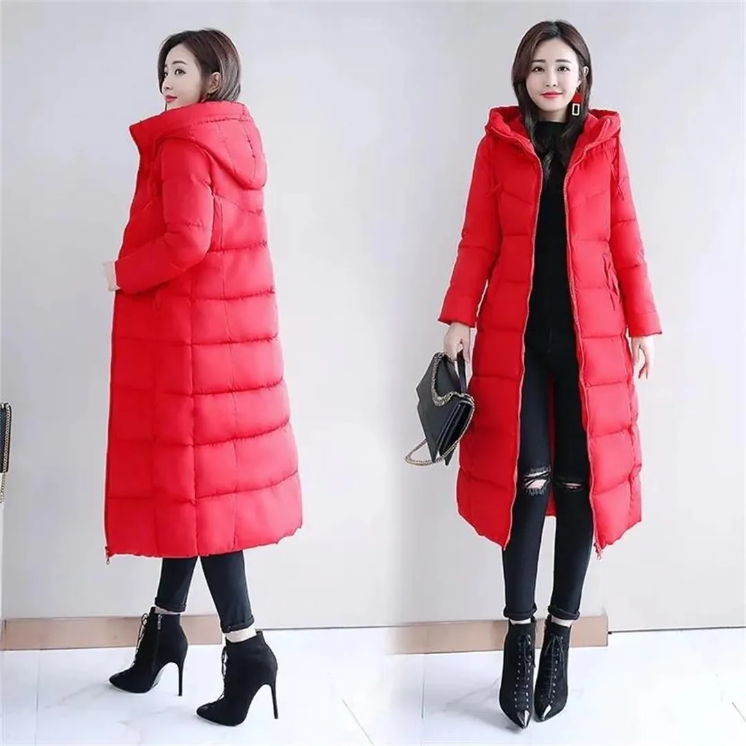 Womens Long Down Cotton Coat Winter Warm Jacket Thicken Warm Padded Puffer Parkas Casual Hooded Jacket Overcoat