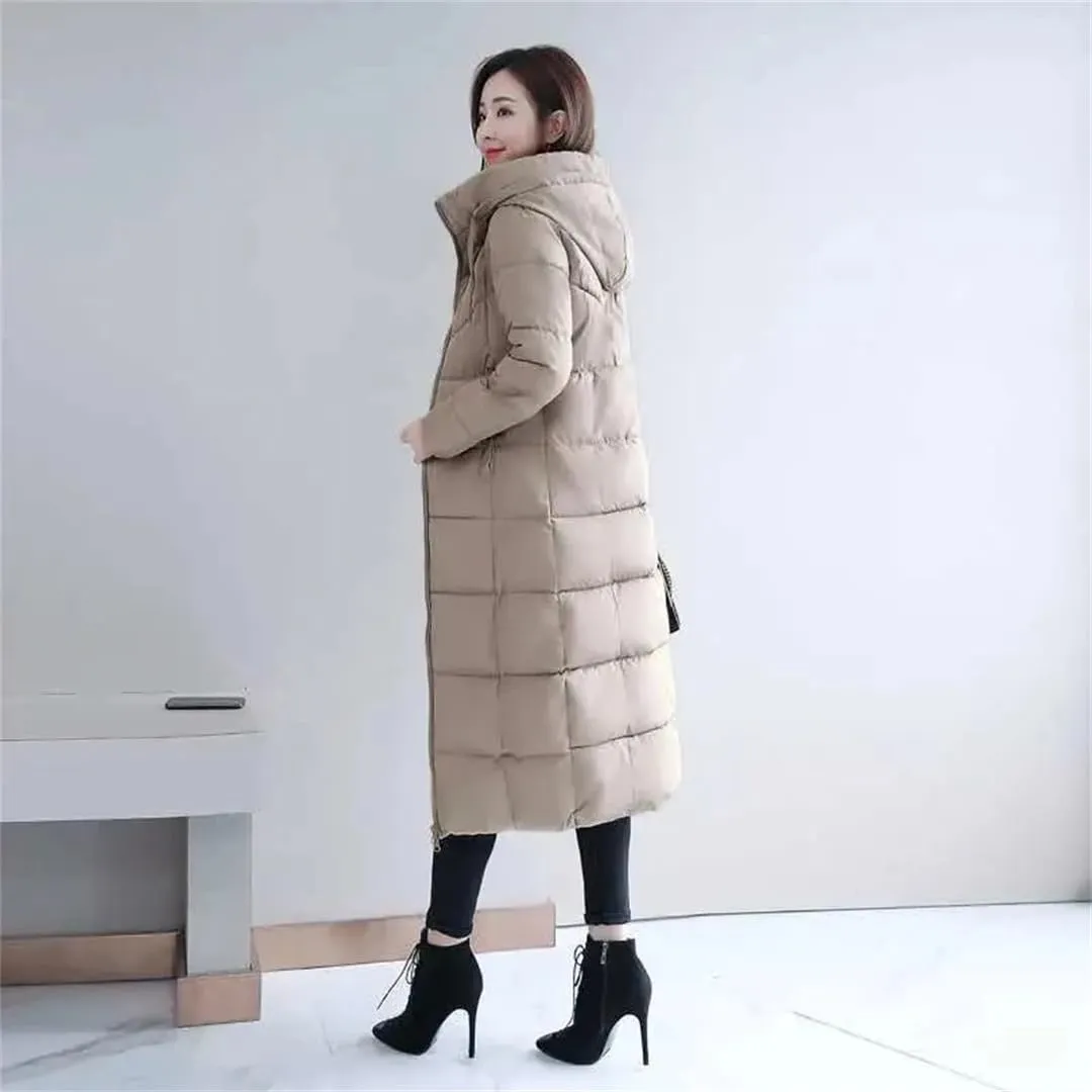 Womens Long Down Cotton Coat Winter Warm Jacket Thicken Warm Padded Puffer Parkas Casual Hooded Jacket Overcoat