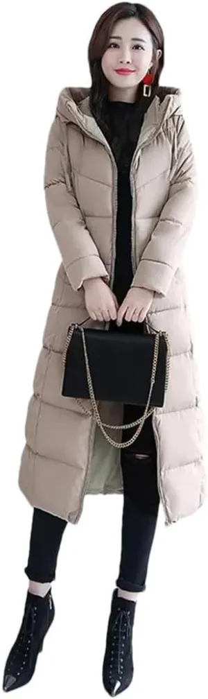 Womens Long Down Cotton Coat Winter Warm Jacket Thicken Warm Padded Puffer Parkas Casual Hooded Jacket Overcoat