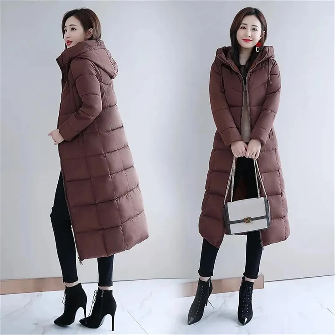 Womens Long Down Cotton Coat Winter Warm Jacket Thicken Warm Padded Puffer Parkas Casual Hooded Jacket Overcoat