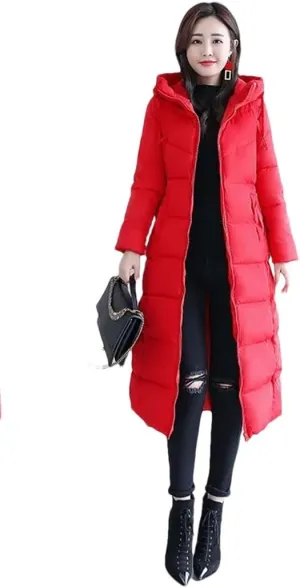 Womens Long Down Cotton Coat Winter Warm Jacket Thicken Warm Padded Puffer Parkas Casual Hooded Jacket Overcoat