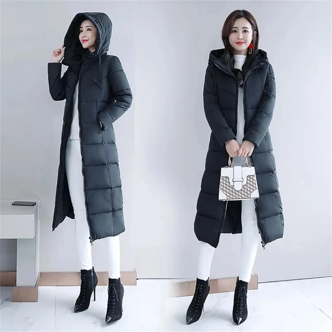 Womens Long Down Cotton Coat Winter Warm Jacket Thicken Warm Padded Puffer Parkas Casual Hooded Jacket Overcoat