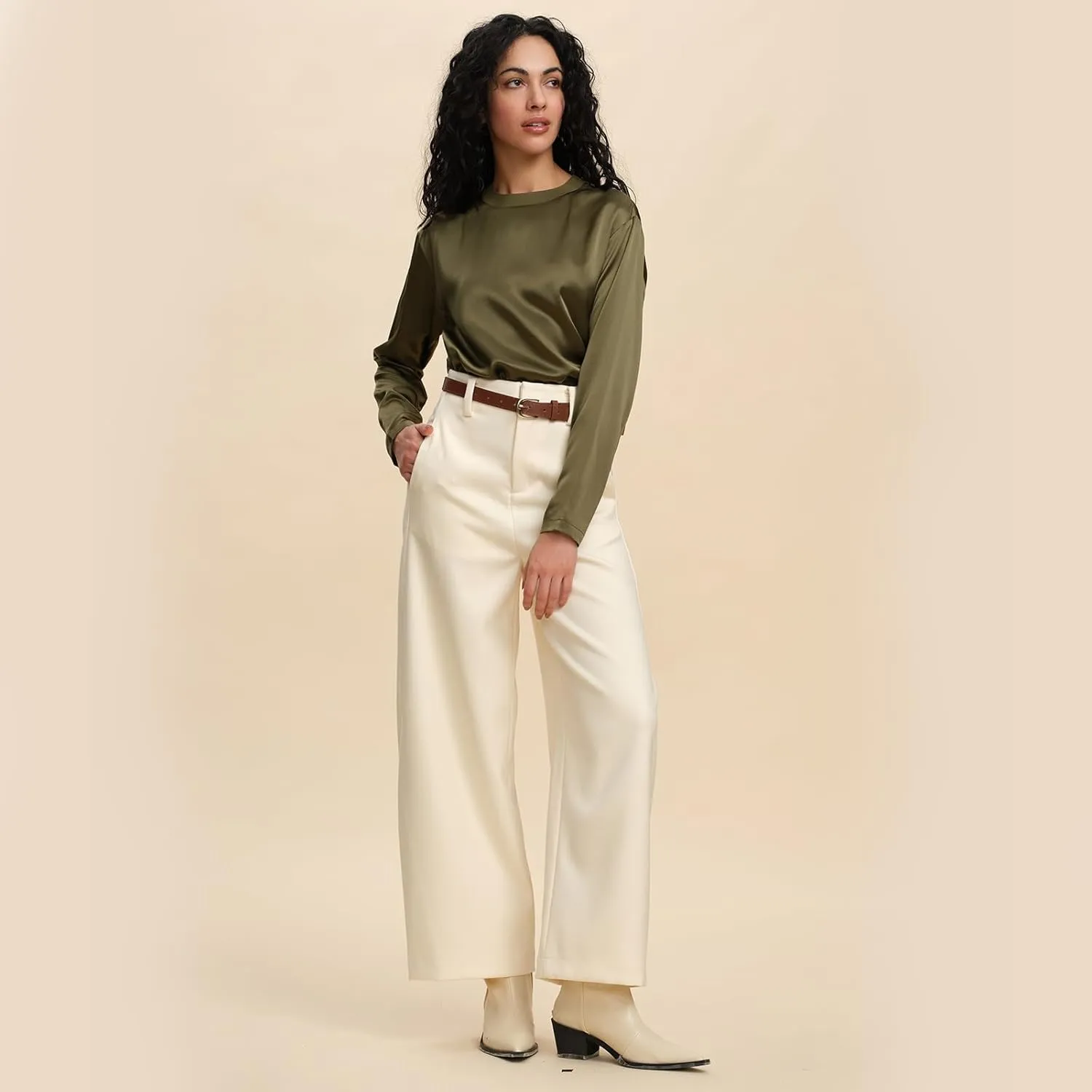 Women's Long Sleeve Pure Silk Fitted T Shirt 19MM Charmeuse Mulberry Silk Lightweight Crewneck Basic Tee Undershirt