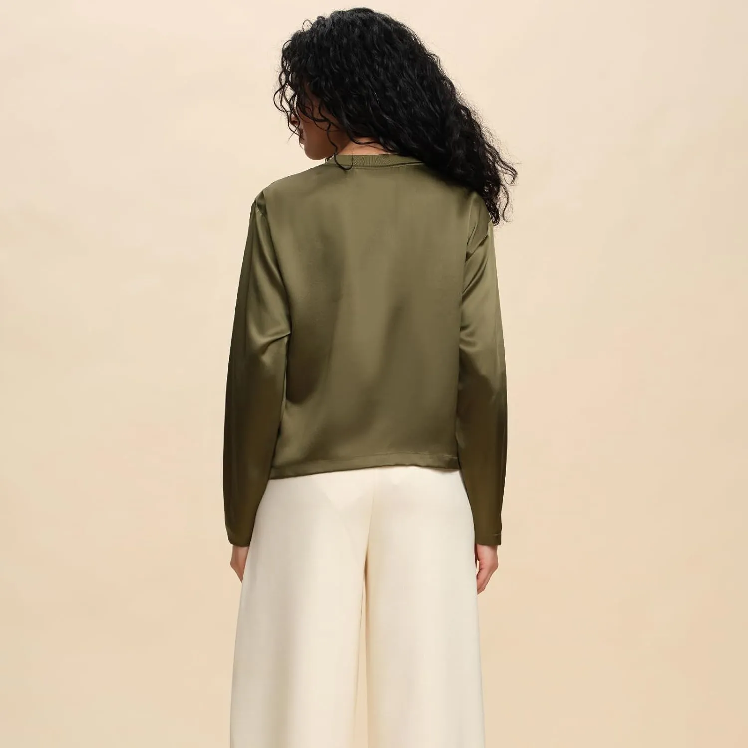 Women's Long Sleeve Pure Silk Fitted T Shirt 19MM Charmeuse Mulberry Silk Lightweight Crewneck Basic Tee Undershirt