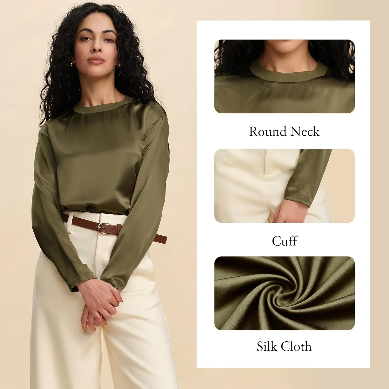 Women's Long Sleeve Pure Silk Fitted T Shirt 19MM Charmeuse Mulberry Silk Lightweight Crewneck Basic Tee Undershirt