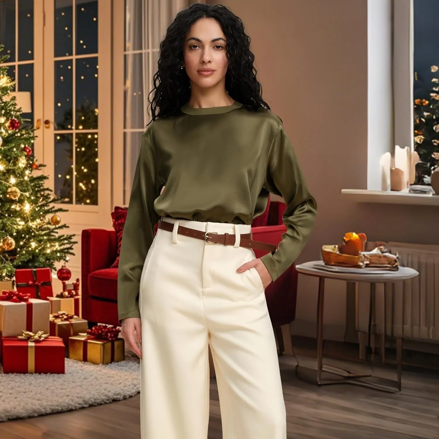 Women's Long Sleeve Pure Silk Fitted T Shirt 19MM Charmeuse Mulberry Silk Lightweight Crewneck Basic Tee Undershirt