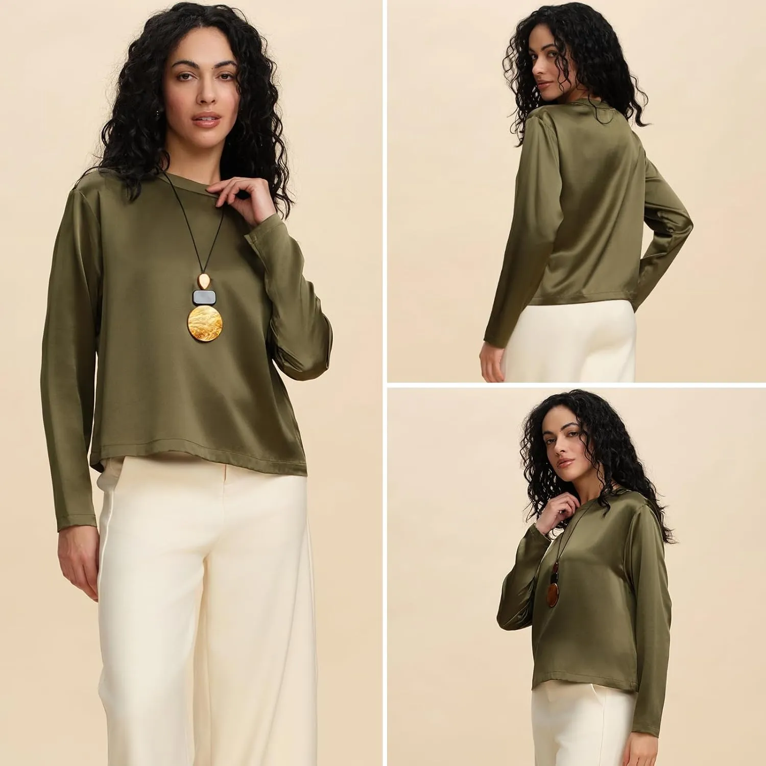 Women's Long Sleeve Pure Silk Fitted T Shirt 19MM Charmeuse Mulberry Silk Lightweight Crewneck Basic Tee Undershirt