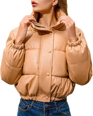 Womens Long Sleeve Stand Collar Quilted PU Leather Crop Down Puffer Jacket Windproof Padded Short Puffer Coat