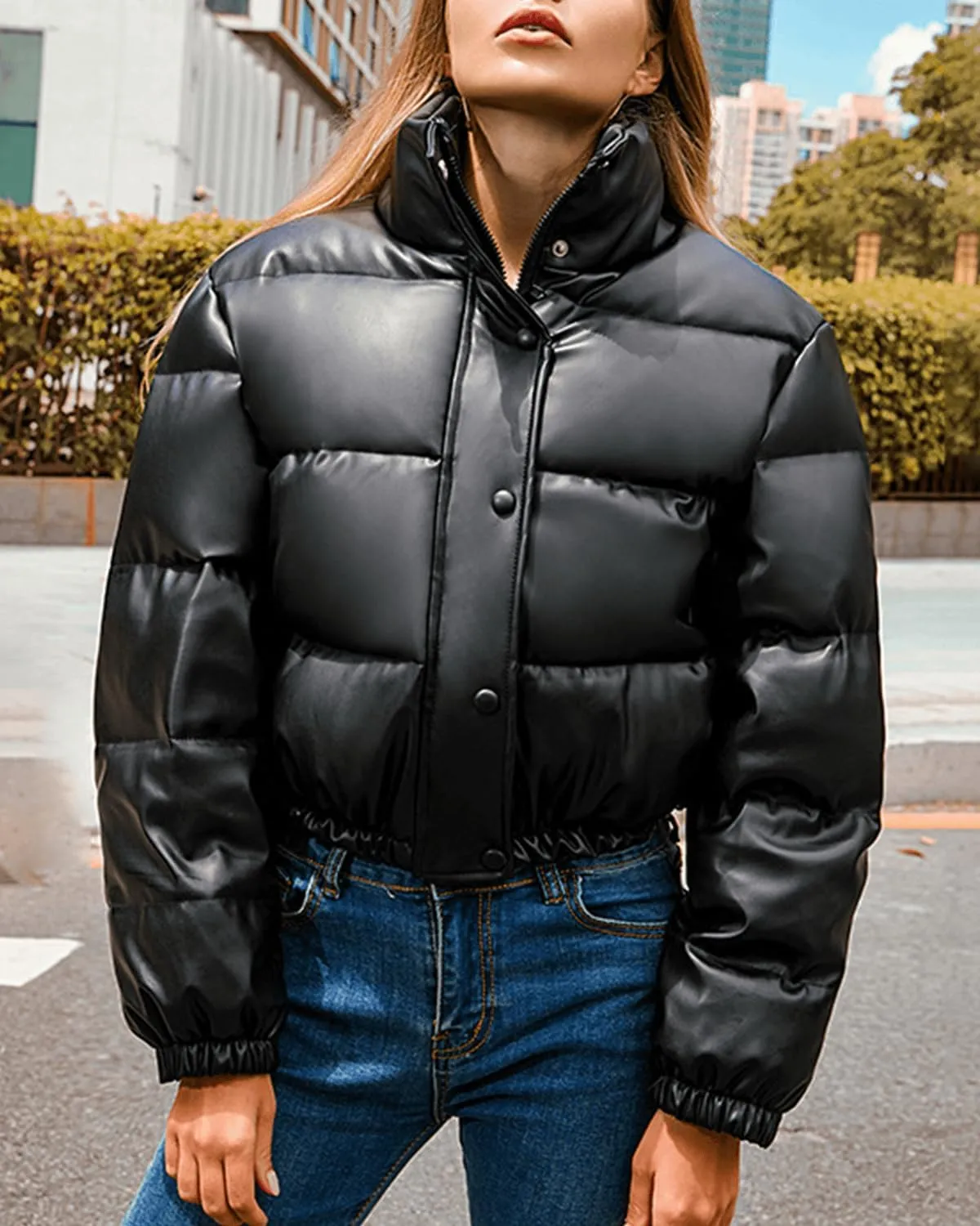 Womens Long Sleeve Stand Collar Quilted PU Leather Crop Down Puffer Jacket Windproof Padded Short Puffer Coat