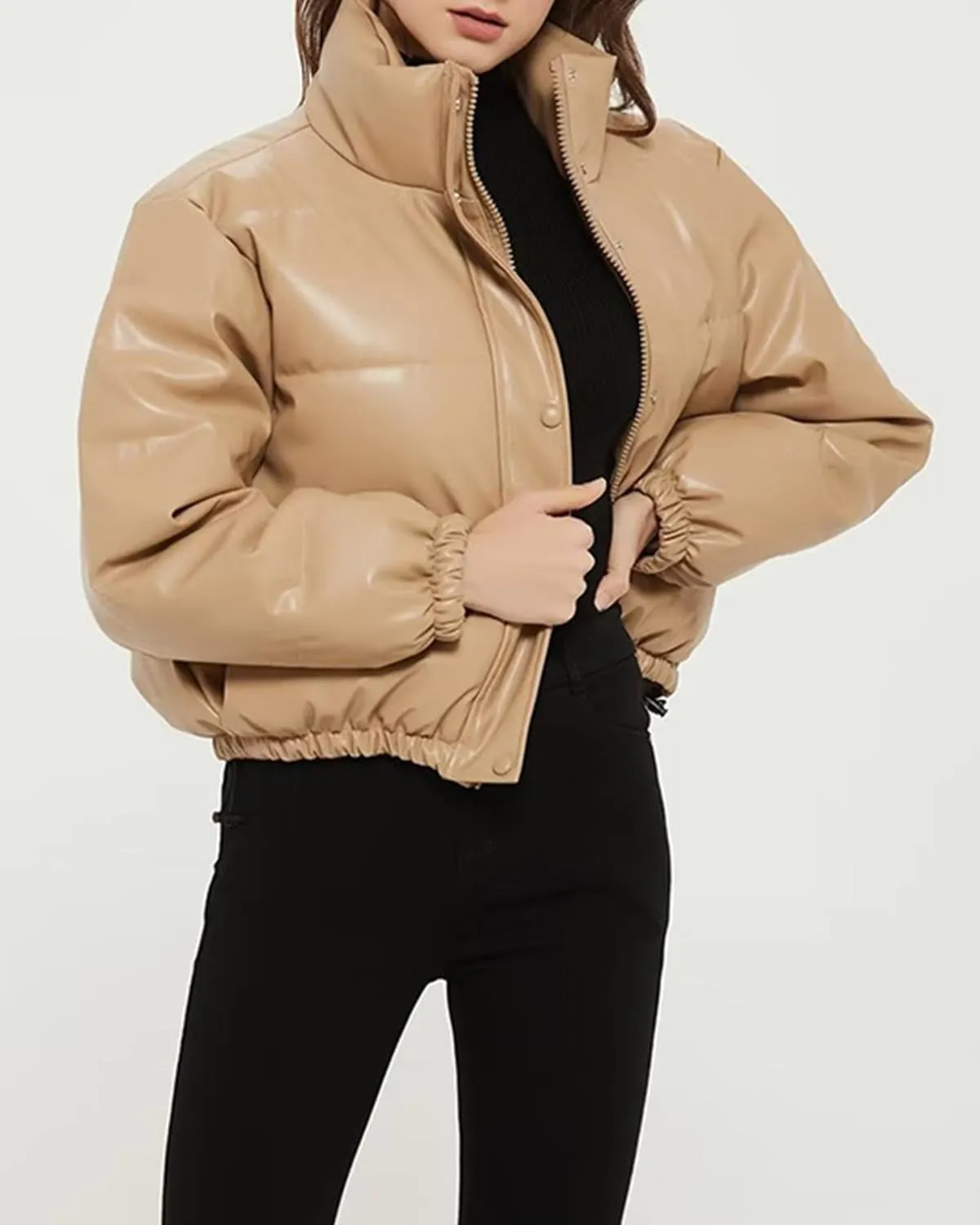 Womens Long Sleeve Stand Collar Quilted PU Leather Crop Down Puffer Jacket Windproof Padded Short Puffer Coat