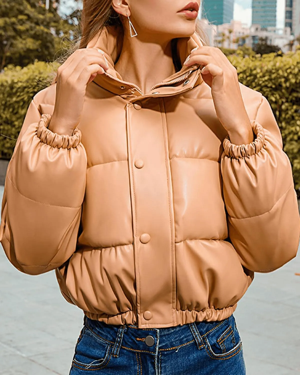 Womens Long Sleeve Stand Collar Quilted PU Leather Crop Down Puffer Jacket Windproof Padded Short Puffer Coat