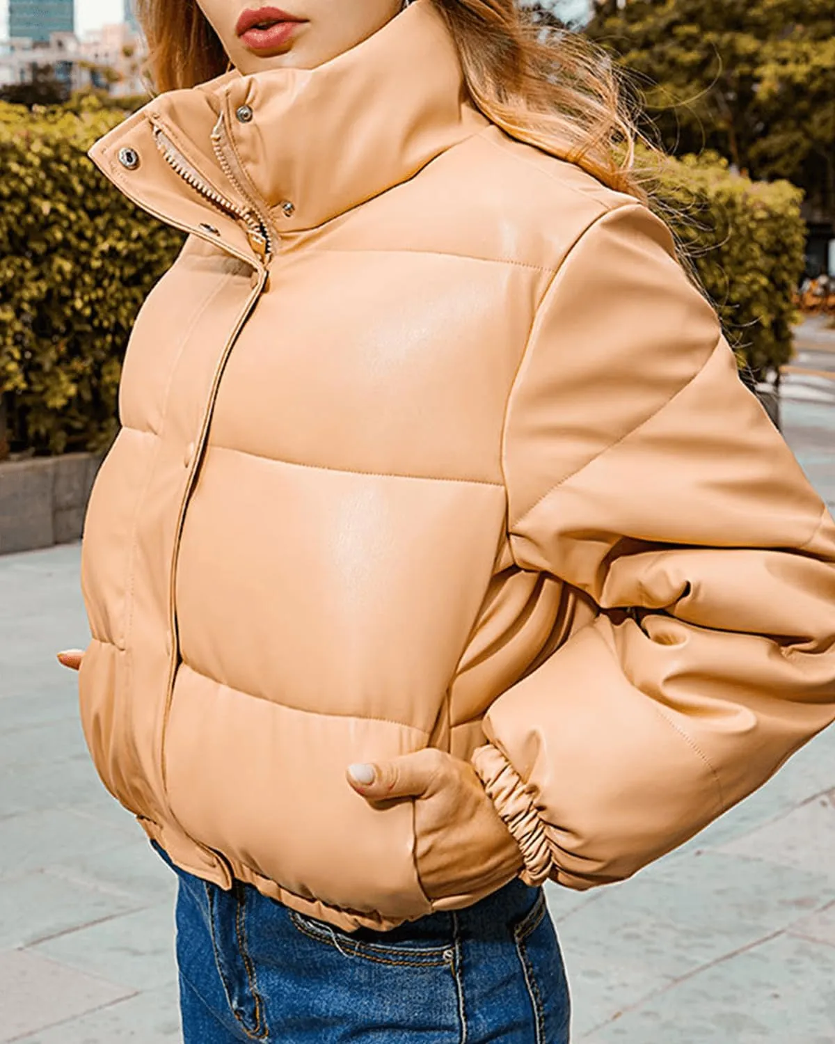 Womens Long Sleeve Stand Collar Quilted PU Leather Crop Down Puffer Jacket Windproof Padded Short Puffer Coat