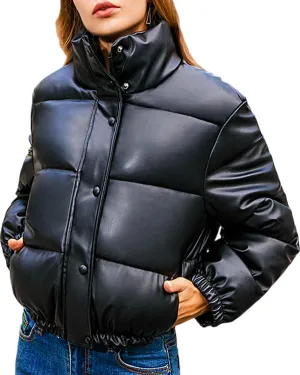 Womens Long Sleeve Stand Collar Quilted PU Leather Crop Down Puffer Jacket Windproof Padded Short Puffer Coat