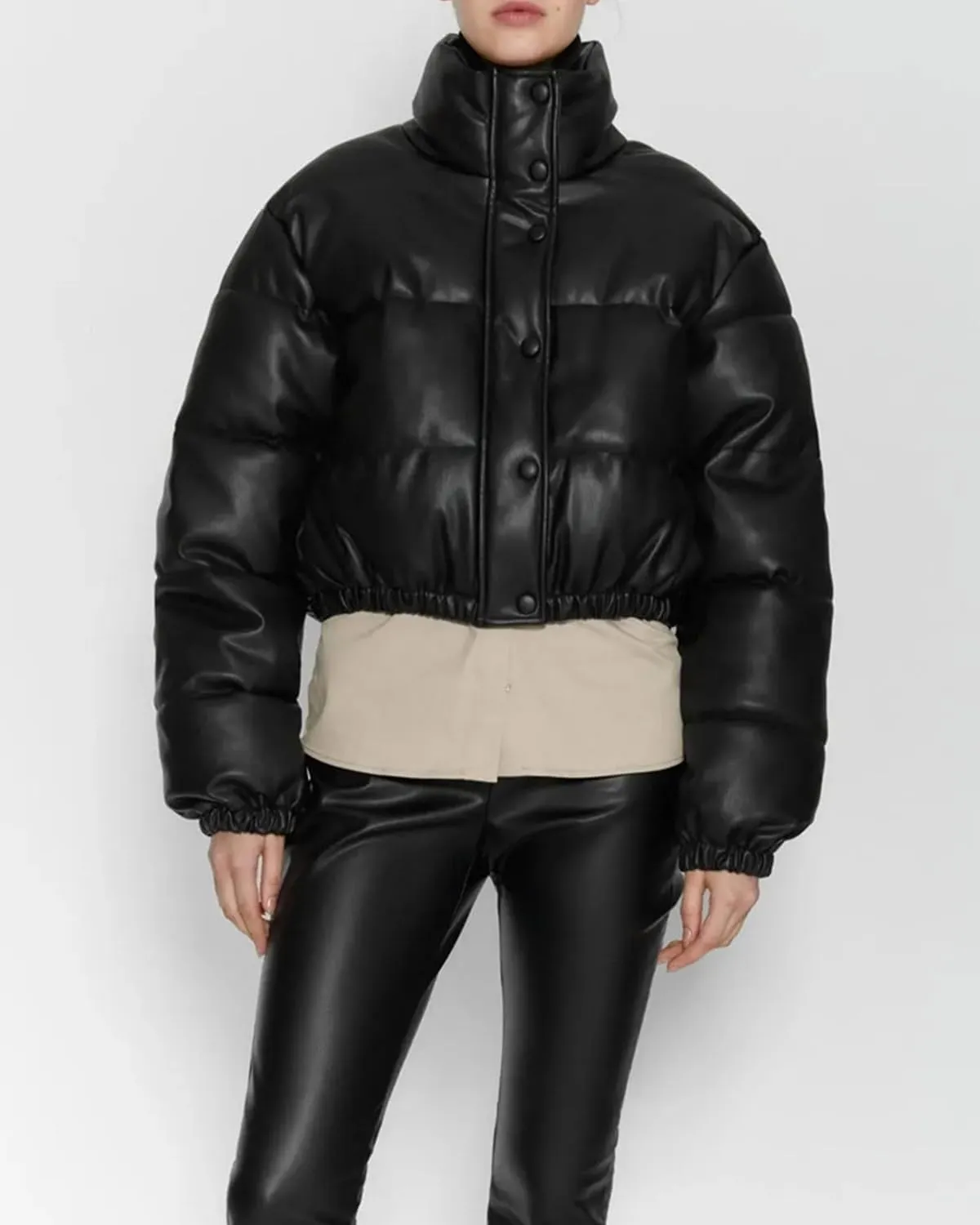 Womens Long Sleeve Stand Collar Quilted PU Leather Crop Down Puffer Jacket Windproof Padded Short Puffer Coat