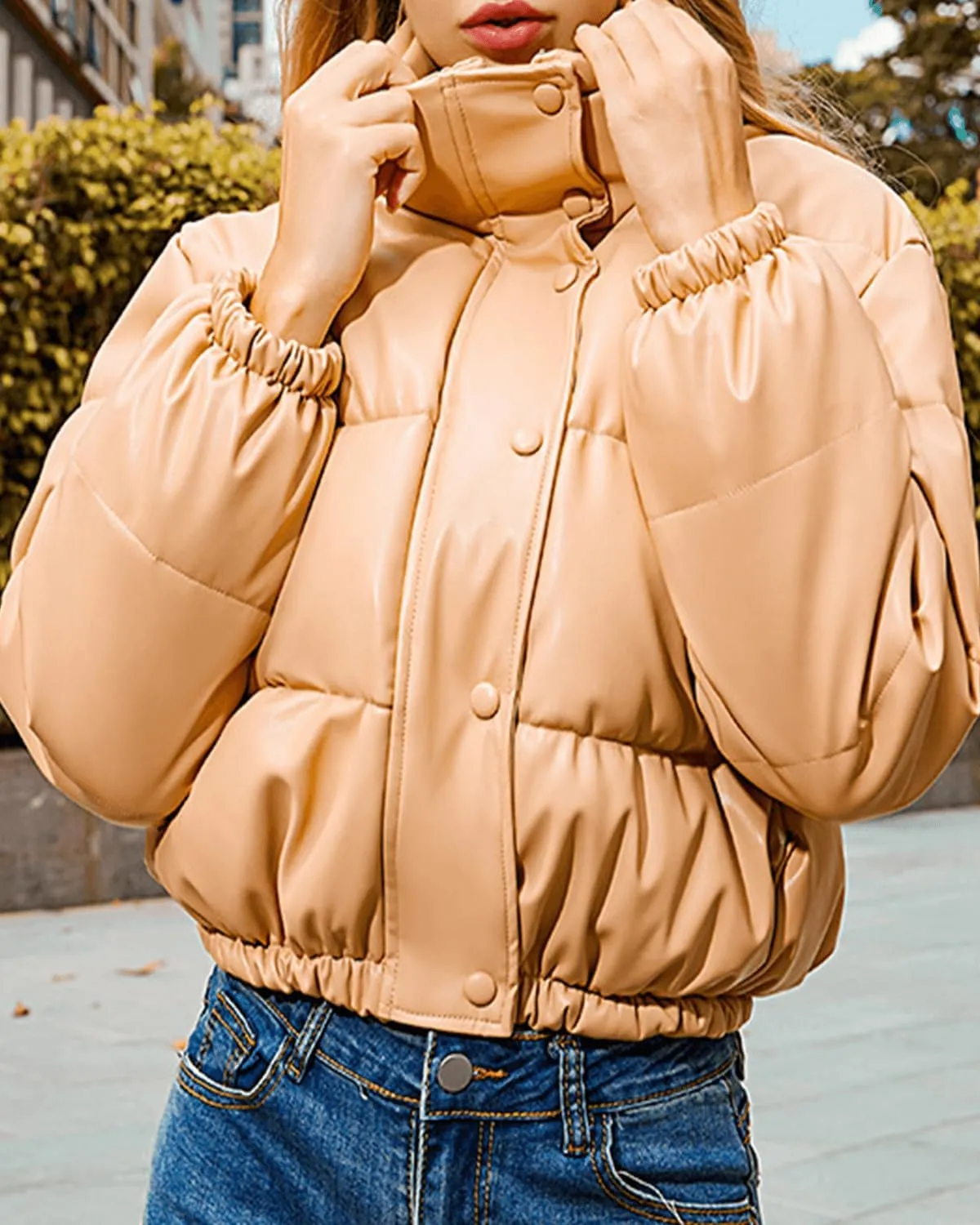 Womens Long Sleeve Stand Collar Quilted PU Leather Crop Down Puffer Jacket Windproof Padded Short Puffer Coat