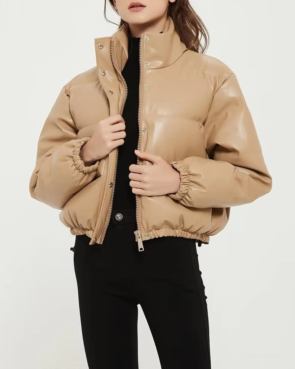 Womens Long Sleeve Stand Collar Quilted PU Leather Crop Down Puffer Jacket Windproof Padded Short Puffer Coat