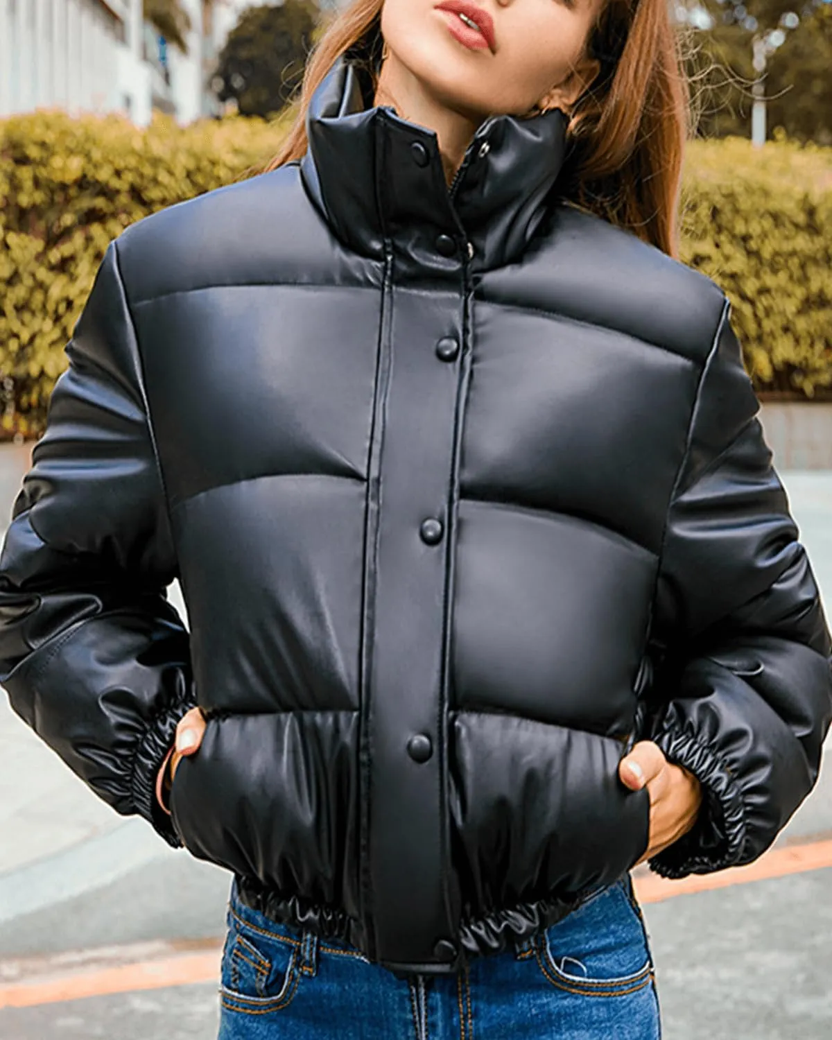 Womens Long Sleeve Stand Collar Quilted PU Leather Crop Down Puffer Jacket Windproof Padded Short Puffer Coat