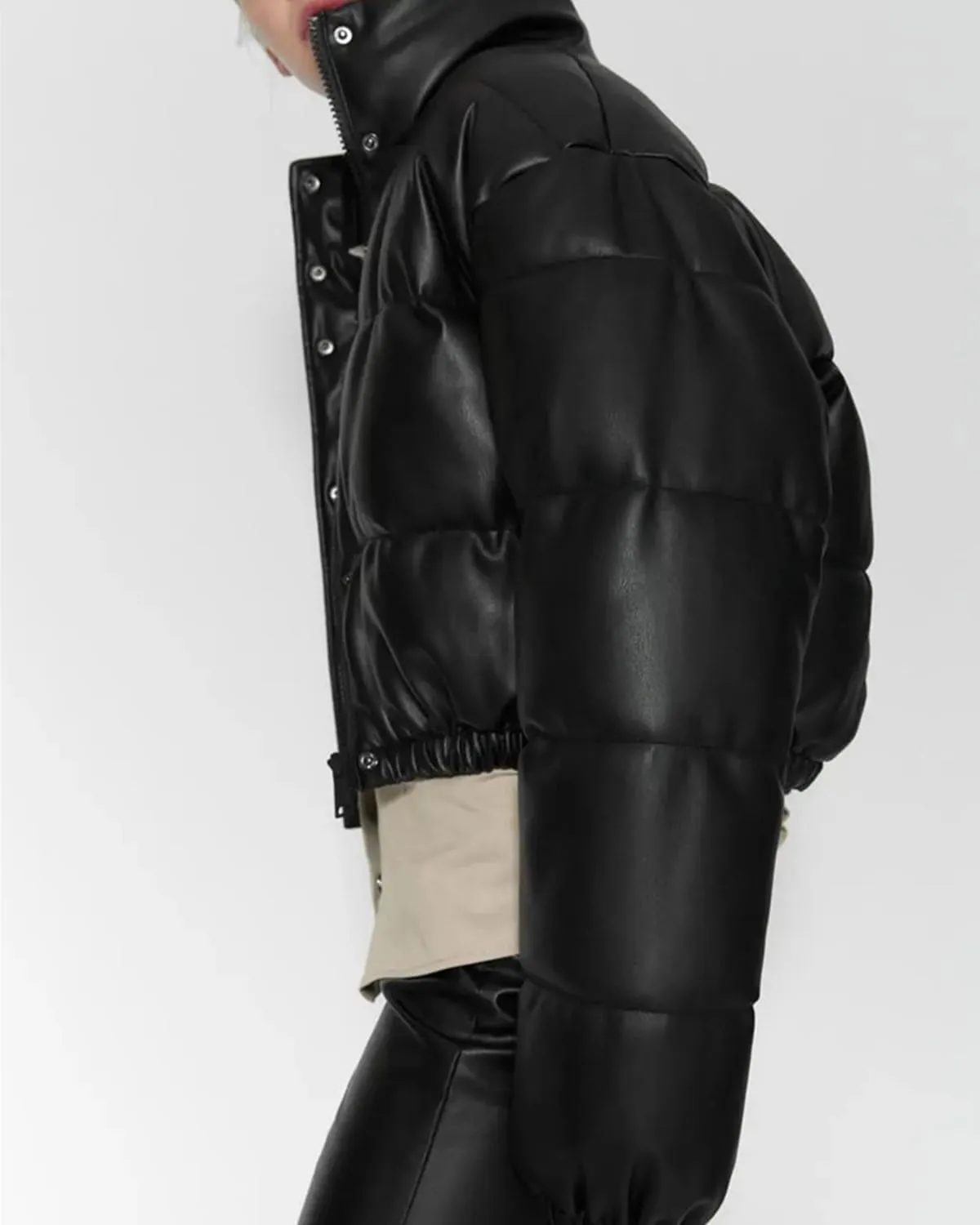 Womens Long Sleeve Stand Collar Quilted PU Leather Crop Down Puffer Jacket Windproof Padded Short Puffer Coat